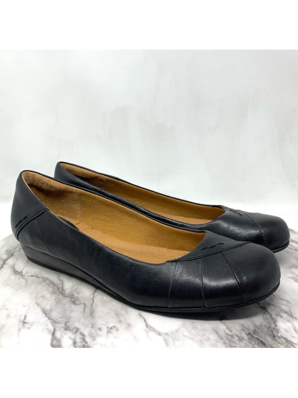 Montana Pleated Toe Black Leather Demi Wedges 9.5 Balletcore Bohemian Classic